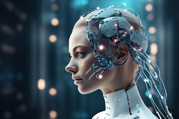 Portrait of a female cyborg robot. a humanoid cyber girl with a neural network thinks. Cybernetics mind analysis data. Neuron network processes information. 