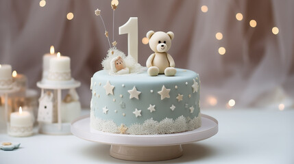 beautiful stylish cake with the number one for a baby's birthday, 1 year old, delicious dessert, holiday treat, card, party, congratulation, gift, celebration, decor, design, food, biscuit, figurine