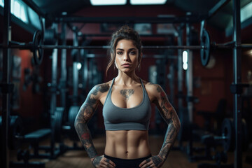 Fototapeta na wymiar A woman with tattoos on her arms and chest stands in a gym