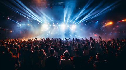 Fototapeta na wymiar Crowd of people dancing at a night concert in an arena. Dancing at the disco