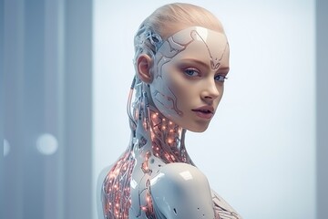 Portrait of a female cyborg robot. a humanoid cyber girl with a neural network thinks. Cybernetics mind analysis data. Neuron network processes information. 