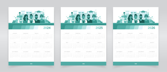 Wall calendar templates for 2024, 2025, and 2026 with weeks starting on Sunday, featuring healthcare professionals with medical supplies, ideal for the healthcare and pharmaceutical industry