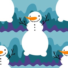 Cartoon winter ice seamless snowman and snowflakes pattern for Christmas packaging and new year