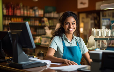 Indian smiling woman working as a cashier in the store - obrazy, fototapety, plakaty