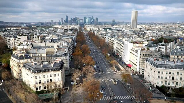 Aerial panoramic cityscape view of Paris, France with Avenue de la Grande Armee