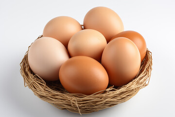 Fresh Brown Eggs in a Basket, Closeup of Organic Eggs