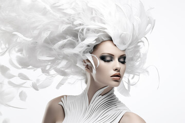 Elegance and Glamour, Young Lady's Portrait, Stylish Makeup, Lovely Woman with Feathers