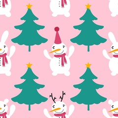 Cartoon winter ice seamless snowman and snowflakes pattern for Christmas tree and packaging and new year