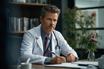 Obraz premium The family physician, the doctor talks to the patient about their illness, symptoms. Clinic, practitioner, medical care, health care, insurance, helping sick people.