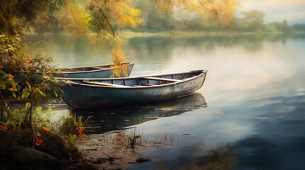 A tranquil riverbank with rowboats gently swaying in the breeze, their reflections creating a...