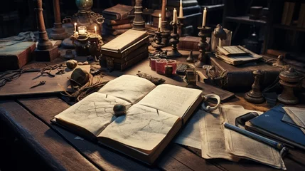 Fotobehang A weathered leather journal resting open on a wooden desk, filled with handwritten notes and sketches. A quill and inkwell suggest ongoing exploration and discovery © ra0