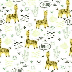 Vector seamless pattern with .Tropical jungle cartoon creatures.Pastel animals background.Cute natural pattern for fabric, childrens clothing,textiles,wrapping paper.