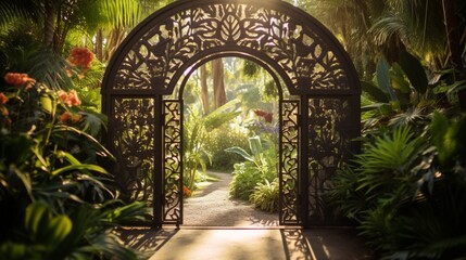 Intricately designed metalwork gates set amidst a lush garden - obrazy, fototapety, plakaty