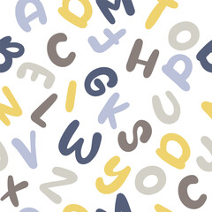 Abstract vector seamless pattern with alphabet. Cute doodle print for kids. For print, web, home decor, fashion, surface, graphic design. Vector illustration