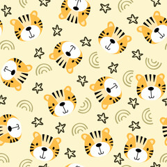 Vector seamless pattern with tiger.Tropical jungle cartoon creatures.Pastel animals background.Cute natural pattern for fabric, childrens clothing,textiles,wrapping paper.