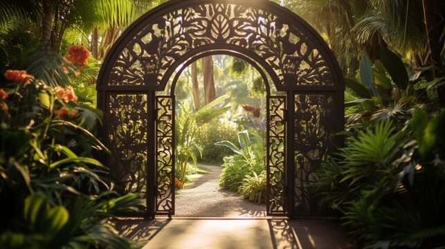 Fototapeta Intricately designed metalwork gates set amidst a lush garden