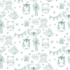 Vector seamless pattern with zebra, koala, rhinoceros.Tropical jungle cartoon creatures.Pastel animals background.Cute natural pattern for fabric, childrens clothing,textiles,wrapping paper.
