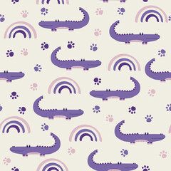 Vector sticker pattern with crocodile.Tropical jungle cartoon creatures.Pastel animals background.Cute natural pattern for fabric, childrens clothing,textiles,wrapping paper.