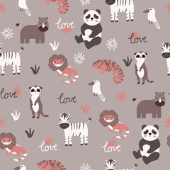 Vector seamless pattern with meerkat, panda, lizard, zebra, monkey, rhinoceros, chameleon.Tropical jungle cartoon creatures.Cute natural pattern for fabric, childrens clothing,textiles,wrapping paper