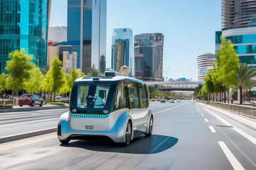 Autonomous vehicles navigating urban landscapes, leaving room for messages on transportation evolution