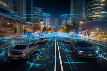 Fototapeta na wymiar Autonomous vehicles navigating urban landscapes, leaving room for messages on transportation evolution