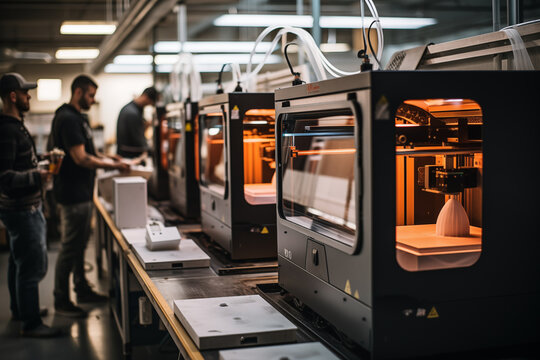 3D printing machines in action, leaving room for messages on manufacturing revolution
