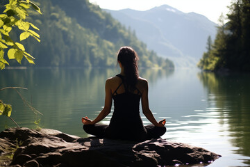 Supine Spinal Twist (Supta Matsyendrasana) by a peaceful lake, symbolizing release and relaxation, with space for messages on letting go