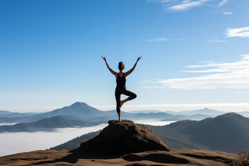 Eight-Angle Pose (Astavakrasana) on a mountaintop, showing balance and concentration, with space for messages on focus