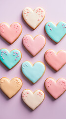 Fototapeta premium Assorted pastel heart-shaped cookies decorated with love, perfect for Valentine's Day sweet treats. 