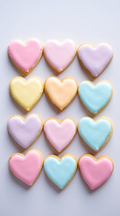 Fototapeta premium Rows of colorful heart cookies, a delightful treat for a Valentine's celebration, lined up in perfect harmony. 