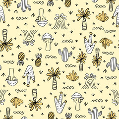Vector seamless pattern with cactus,palm,bush,pineapple baobab, volcano.Tropical jungle cartoon leaf.Pastel plant background.Cute natural pattern for fabric, childrens clothing,wrapping paper.