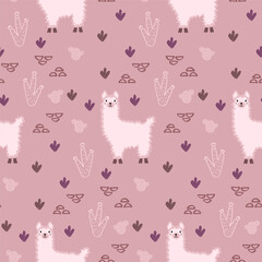 Vector sticker pattern with llama.Tropical jungle cartoon creatures.Pastel animals background.Cute natural pattern for fabric, childrens clothing,textiles,wrapping paper.