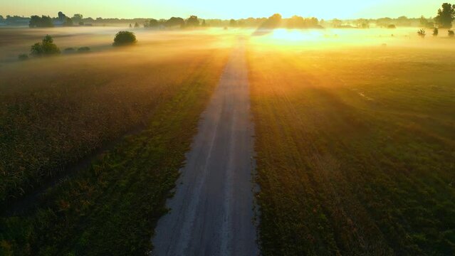 A thin layer of ground fog veils the landscape at daybreak.
