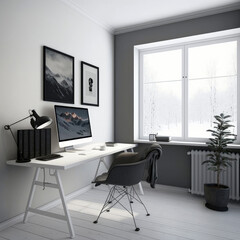 Fototapeta na wymiar comfortable home office workplace in modern style, in clear space, computer screen, decoration and space without people-Illustration. Generative AI