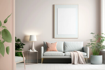 One frame blank mock up in modern living room interior, light colors and minimalist style. Illustration. Generative AI