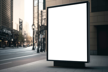 Blank mock up of vertical street poster billboard, in the center city. Street advertising. Illustration. Generative AI