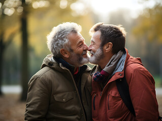 Fototapeta premium Expressions of love: Two casual dressed men sharing embraces and ksses in the park