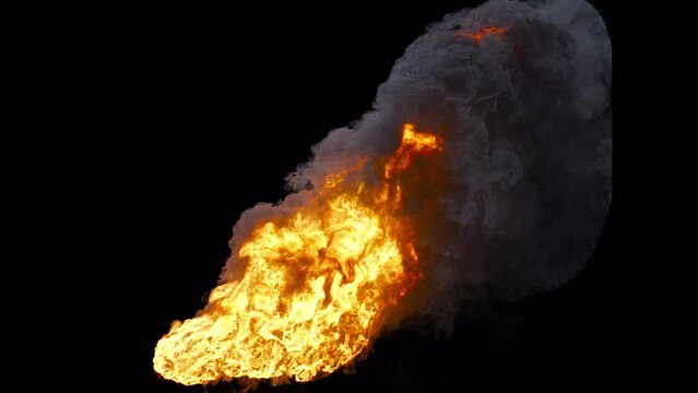 A blazing automobile sets the scene ablaze against a deep black background, with an alpha channel. This dramatic video footage encapsulates the intensity of a burning car. VFX with alpha channel.