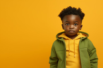an 3 Year old nigerian kid wearing green clothes, yellow solid pastel color background