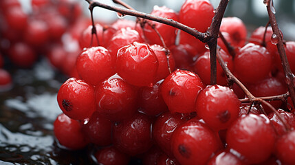 red cherries in snow - obrazy, fototapety, plakaty