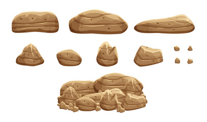 A set of brown stones or rocks vector illustrations for 2d game assets. Brown boulders 2d game objects and backgrounds. Illustration of cartoon style rock stones or boulders. © Ahmad
