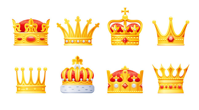 rown emoji. Vector icon. Flat king game trophy. 3d tournament badge. Gold king, queen, prince, princess crowns. Cartoon ui set. Golden medieval design. Imperial royal tiara. Game winner achievement