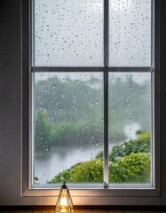 Raining outside, rain drops on window, summer rain background