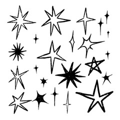 Set of stars. Collection of simple hand drawn stars. Drawn with brush. Grunge stars isolated on white background
