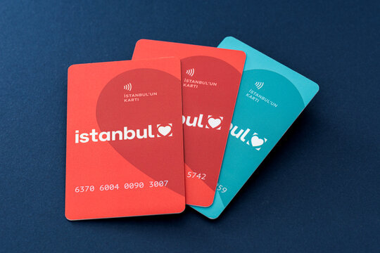 ISTANBUL, TURKEY - DECEMBER, 2023: Istanbul Card, public transportation card of Istanbul. Locally called Akbil (short for akilli bilet, smart ticket). Standard version  and student version.