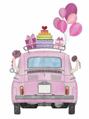 Pink Retro Fiat 500 with two Brides - 687725611