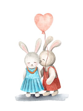 A romantic pair of cute bunnies and pink balloon in the shape of a heart, isolated on white background, not AI. Watercolor hand painted Valentine greeting card with animal characters.