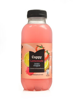 Cappy lemonade lemon and strawberry juice bottle isolated on white background