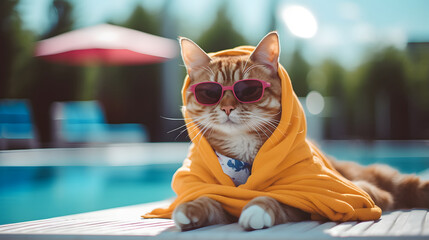 Cat with sunglasses on the edge of the pool. Funny animal composition. Summer tropical idea.
