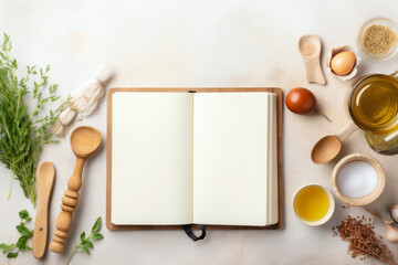 Blank cookbook for recipes with white pages and items of vegetables, ingredients and wooden kitchen...